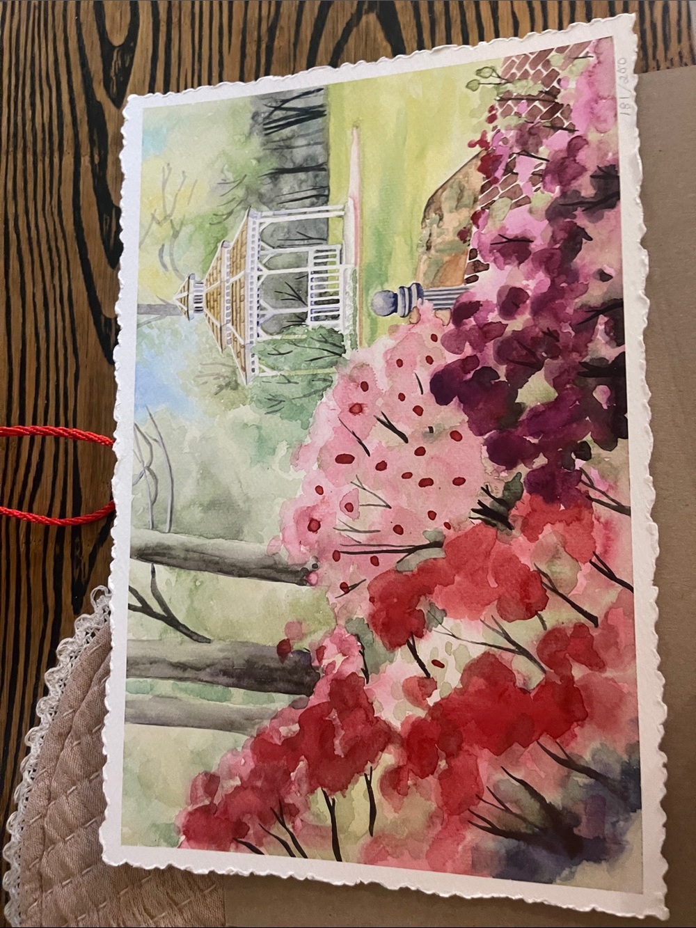 Watercolor Garden Gazebo Art Print in Pink and Red